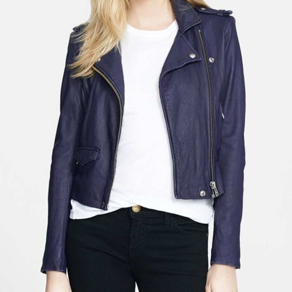 $1195 Sz 36 2 IRO Navy Ashville Leather Moto Jacket